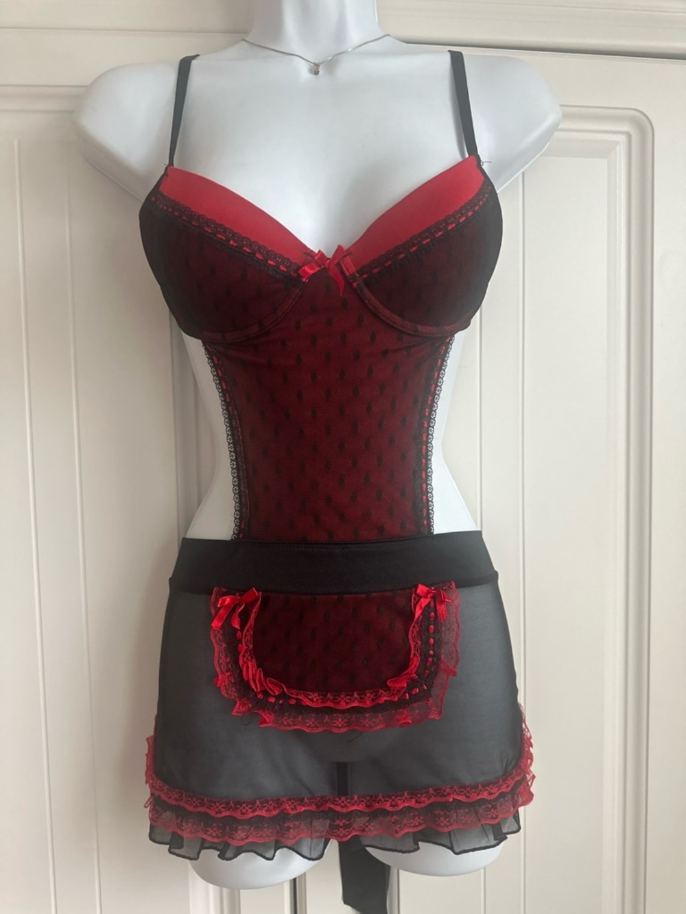 Vintage Y2K Rampage Red Black Maid Apron Lingerie Babydoll Dress M